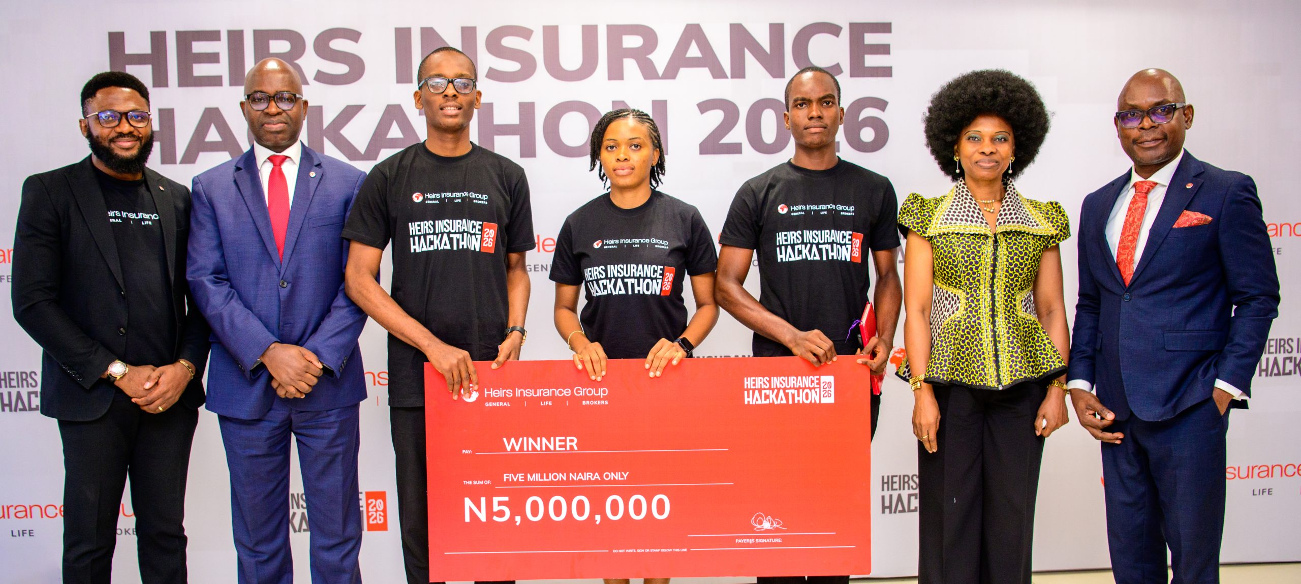 Winners of the 2026 Heirs Insurance Hackathon from Nnamdi Azikiwe University - John Trust, Unah Chinweotuto, John Justice; with leaders of Heirs Insurance Group: Peace O. Philips, Chief Digital Officer, Niyi Onifade, MD/CEO, Heirs Life Assurance; Callista Azogu, Independent Non-Executive Director, Heirs Life Assurance, and Wole Fayemi, MD/CEO, Heirs General Insurance.
